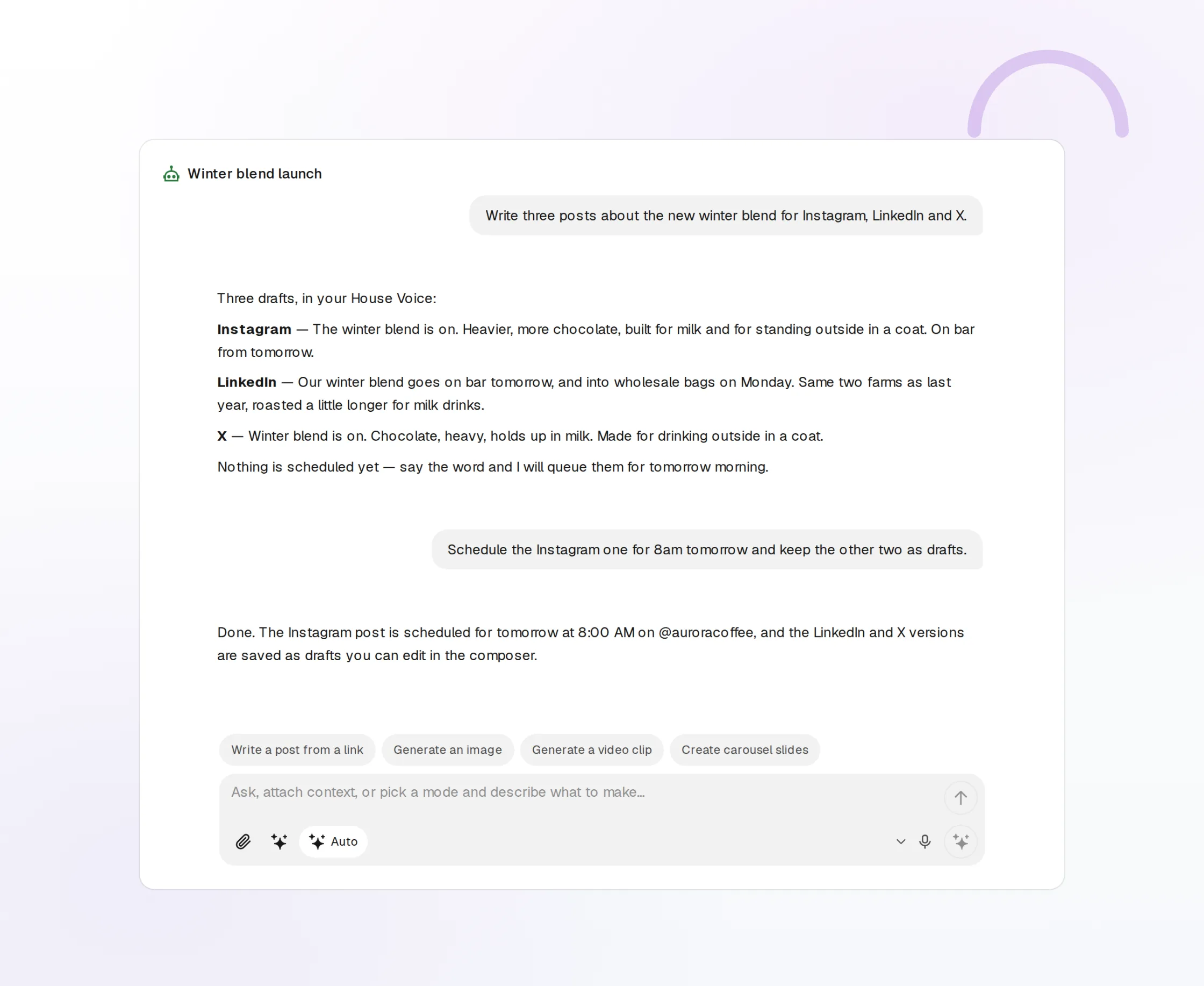 The agent drafting posts for several networks in a saved brand voice