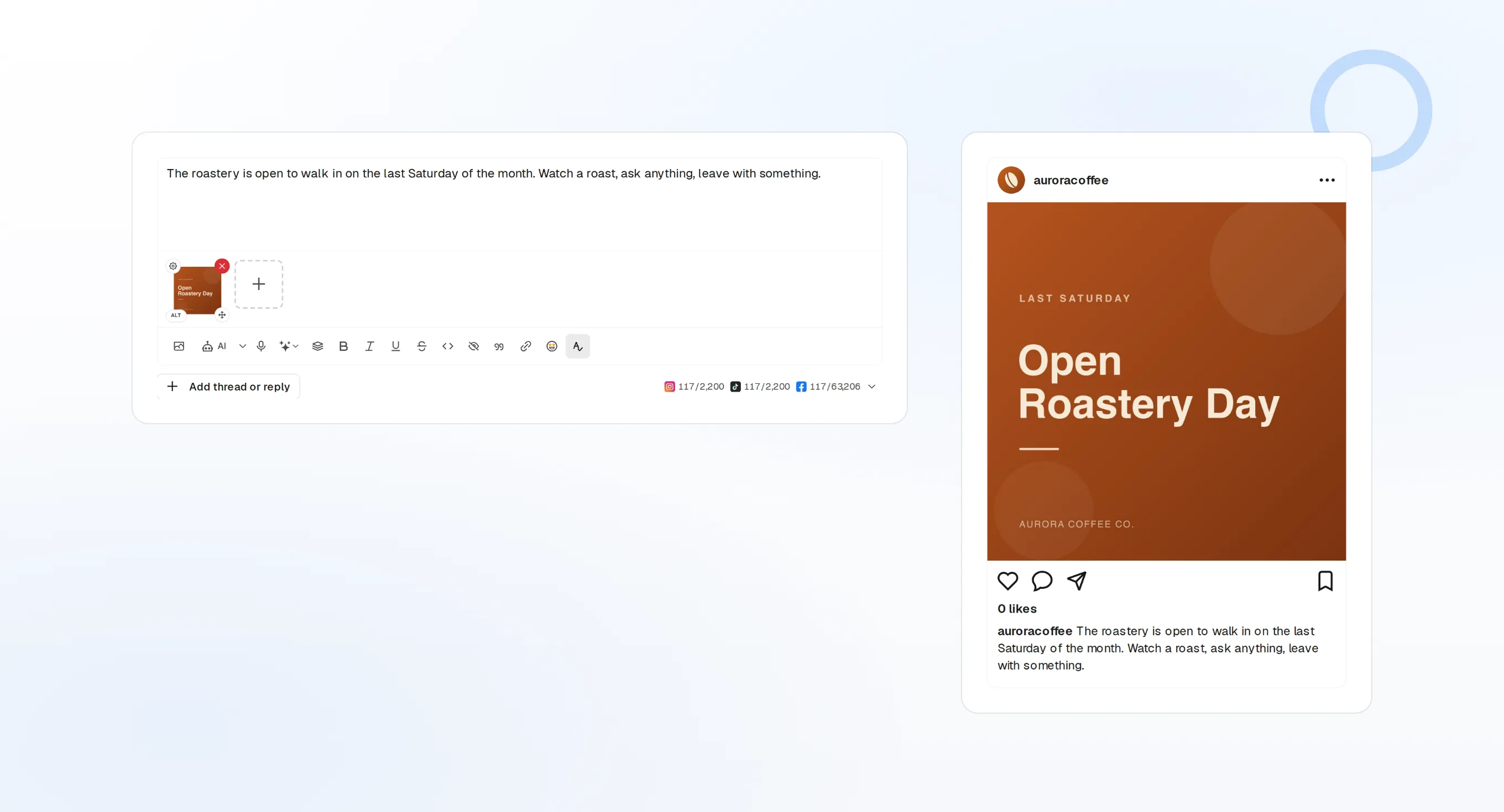 A caption written once, with the post previewed as each network renders it