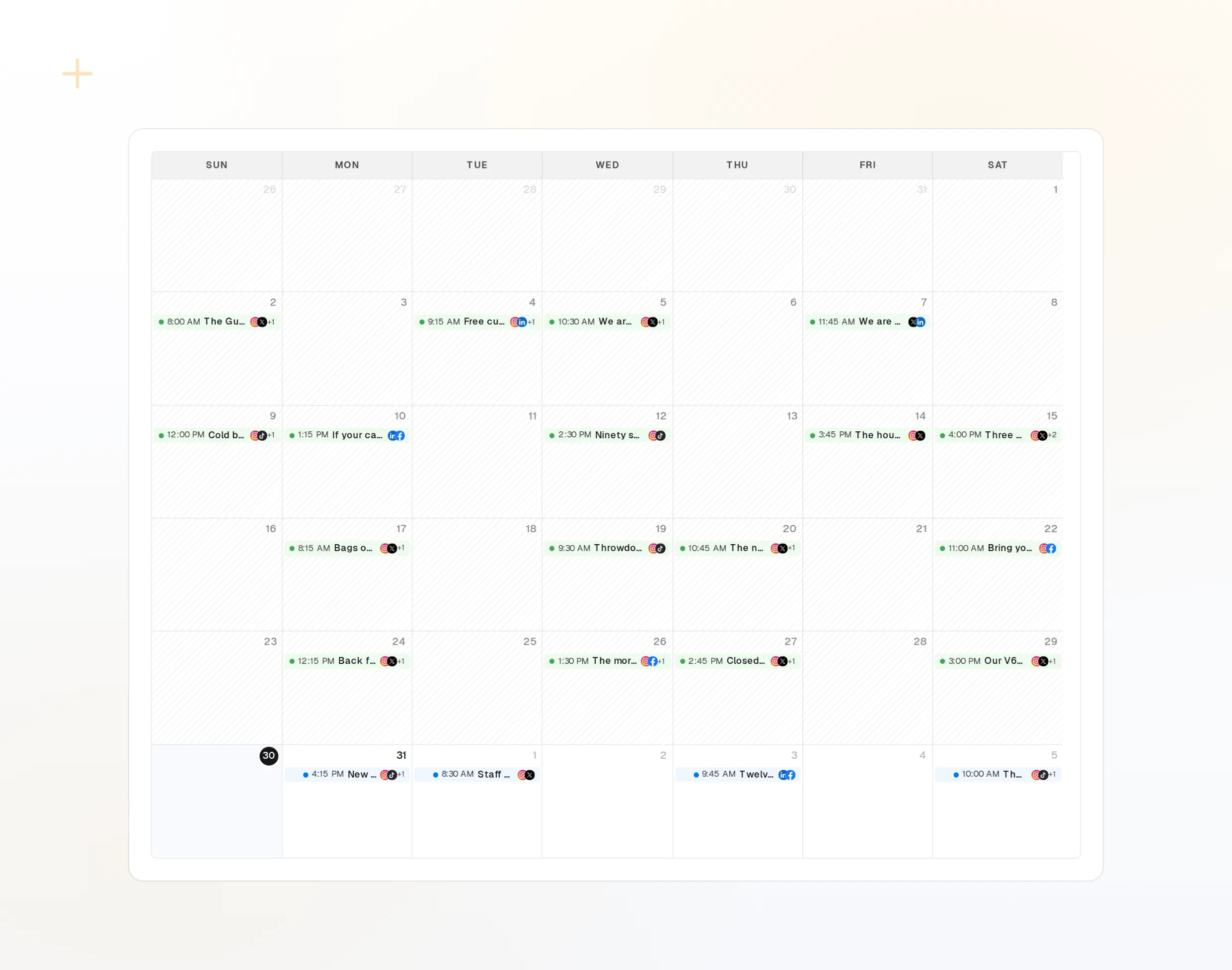 A month of scheduled posts on the publishing calendar